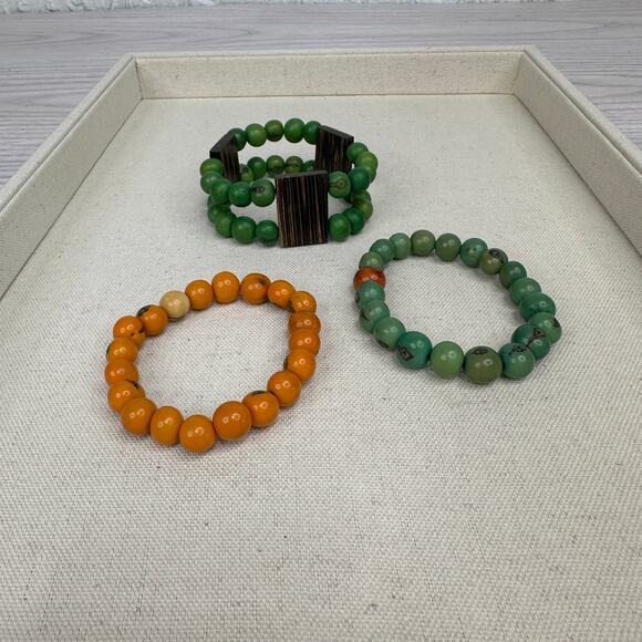 Set of 3 Lucky Wooden Beads Bracelet Orange Green Elastic Fashion Protection - Picture 2 of 5